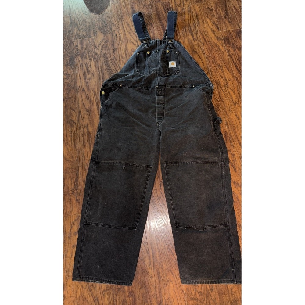 Vintage 90's Carhartt R01 BLK Black Duck Double Knee Bib Overalls Size 46x27